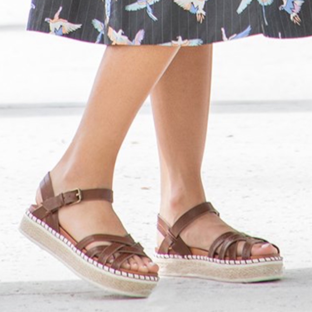 Cognac Straps Boho Espadrille Flat Platform Sandal - Picture 2 of 8